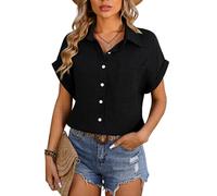 Women's Casual Short Sleeve Button Down Shirt Loose Fit Crinkle Blouse with Pocket Summer Lightweight Cotton Linen Top for Beach Vacation Daily Wear Sage Green
