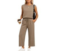 Womens Casual Sleeveless Top and Wide Leg Pants Set 2 Piece Outfit Solid Color Round Neck Lounge Wear Matching Set for Summer Spring Daily Wear