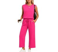 Womens Casual Sleeveless Top and Wide Leg Pants Set 2 Piece Outfit Solid Color Round Neck Lounge Wear Matching Set for Summer Spring Daily Wear
