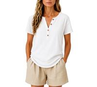 Women's Casual Solid Color Cotton Linen Short Sleeve Half Placket V-Neck Button Top Summer Beach Loose Fit Blouse for Ladies Daily Wear