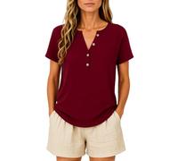 Women's Casual Solid Color Cotton Linen Short Sleeve Half Placket V-Neck Button Top Summer Beach Loose Fit Blouse for Ladies Daily Wear