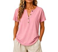 Women's Casual Solid Color Cotton Linen Short Sleeve Half Placket V-Neck Button Top Summer Beach Loose Fit Blouse for Ladies Daily Wear