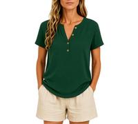 Women's Casual Solid Color Cotton Linen Short Sleeve Half Placket V-Neck Button Top Summer Beach Loose Fit Blouse for Ladies Daily Wear