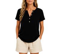 Women's Casual Solid Color Cotton Linen Short Sleeve Half Placket V-Neck Button Top Summer Beach Loose Fit Blouse for Ladies Daily Wear