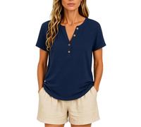 Women's Casual Solid Color Cotton Linen Short Sleeve Half Placket V-Neck Button Top Summer Beach Loose Fit Blouse for Ladies Daily Wear