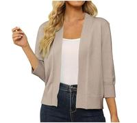 Women's Casual Three-Quarter Sleeve Cardigan Soft Loose Sweater Short Solid Color Buttonless Open Shawl Tops