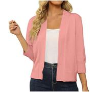 Women's Casual Three-Quarter Sleeve Cardigan Soft Loose Sweater Short Solid Color Buttonless Open Shawl Tops