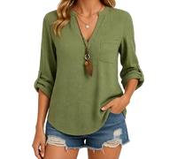 Women's Casual V Neck Long Sleeve Button Down Shirts Loose Fit Solid Color Linen Blend Blouse Tops Spring Summer Vacation Beach Outfits