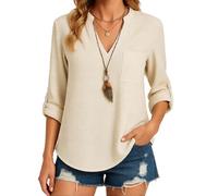 Women's Casual V Neck Long Sleeve Button Down Shirts Loose Fit Solid Color Linen Blend Blouse Tops Spring Summer Vacation Beach Outfits