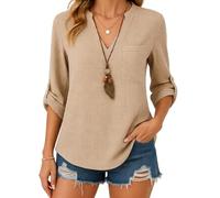 Women's Casual V Neck Long Sleeve Button Down Shirts Loose Fit Solid Color Linen Blend Blouse Tops Spring Summer Vacation Beach Outfits