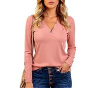 Women's Casual V Neck Long Sleeve T Shirt Ribbed Knit Henley Top with Button Cuffs Slim Fit Basic Tee for Fall Winter Daily Wear Soft