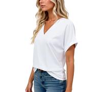 Women's Casual V Neck Short Sleeve T Shirts Summer Loose Fit Solid Color Tops Rolled Cuff Blouse for Ladies Plus Size Basic Tee Wardrobe Staple