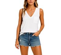 Women's Casual V Neck Sleeveless Tank Top Summer Loose Fit Solid Color Basic Tee Shirt with Pocket for Daily Wear Street Style Fashion