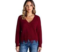 Women's Casual V Neck Sweater Pullover Long Sleeve Distressed Hem Knit Tops Loose Fit Fall Winter Fashion Cotton Blend Jumper for Ladies Soft Touch