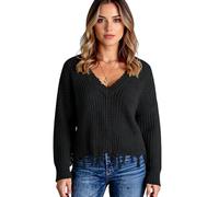 Women's Casual V Neck Sweater Pullover Long Sleeve Distressed Hem Knit Tops Loose Fit Fall Winter Fashion Cotton Blend Jumper for Ladies Soft Touch