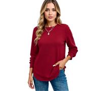 Women's Casual Waffle Knit Long Sleeve Tunic Top Solid Color Crew Neck Loose Fit Pullover Sweater with Pockets for Fall Winter Daily Wear