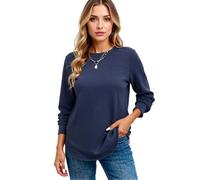 Women's Casual Waffle Knit Long Sleeve Tunic Top Solid Color Crew Neck Loose Fit Pullover Sweater with Pockets for Fall Winter Daily Wear