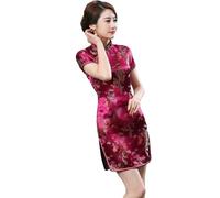 Women's Cheongsam Costume Dress Short Sleeve Flower Print Slim Fit Qipao Dresses High Slit Side Traditional Chinese New Year Party Bodycon Mini Dress Plus Size S-XXXXXXL