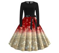 Women's Christmas Dress, Women's, Plus Size Chic Dress with Long Sleeves Dinner Belt Fit Snowflake Swing Hepburn, Rockabilly Vintage,Santa Claus Costume