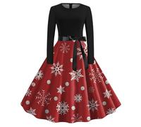 Women's Christmas Dress, Women's, Plus Size Chic Dress with Long Sleeves Dinner Belt Fit Snowflake Swing Hepburn, Rockabilly Vintage,Santa Claus Costume