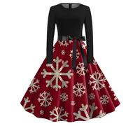 Women's Christmas Dress, Women's, Plus Size Chic Dress with Long Sleeves Dinner Belt Fit Snowflake Swing Hepburn, Rockabilly Vintage,Santa Claus Costume