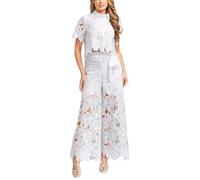 Womens Co Ord Ensembles Smart Hollow Out Lace Manches Courtes Revers Boutonné Bas Pantalon Large avec Ceinture Tenue de Voyage Aéroport Ensemble de Salon Femme Tenue d'été pour Femme UK, blanc, M