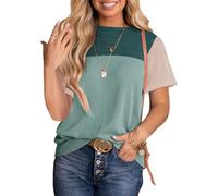 Women's Color Block Ribbed Knit Top Short Sleeve Crew Neck Tee Casual Summer Pullover Shirt Loose Fit Blouse for Daily Wear Vacation