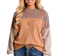 Women's Color Block Waffle Knit Sweatshirt Long Sleeve Crew Neck Pullover Casual Fall Winter Top Trendy Patchwork Sweater for Daily Wear