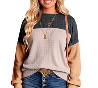 Women's Color Block Waffle Knit Sweatshirt Long Sleeve Crew Neck Pullover Casual Fall Winter Top Trendy Patchwork Sweater for Daily Wear