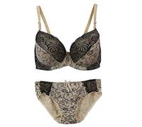 Women's Comfortable Push Up Embroidery Lace Bra and Panty Set Plus Size Blue(Beige,34/75C)
