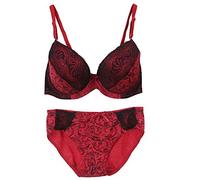 Women's Comfortable Push Up Embroidery Lace Bra and Panty Set Plus Size Blue(Red,40/90E)
