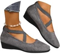 Women's Comfy Elastic Crisscross Strap Wedge Slip-on Shoes, Elegant Suede Comfy Slip-on, Pointed Toe Ballet Comfys Strap Ballerina Wedges Shoes (Gray,38)