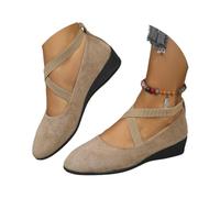 Women's Comfy Elastic Crisscross Strap Wedge Slip-on Shoes, Womens Round Toe Ballet Wedge Dress Shoe Elegant Suede Comfy Strap Ballerina Wedge Heel Footwear (Khaki,42)