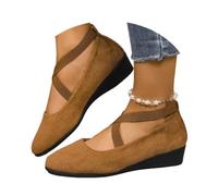 Women's Comfy Elastic Crisscross Strap Wedge Slip-on Shoes, Womens Round Toe Ballet Wedge Dress Shoe Elegant Suede Comfy Strap Ballerina Wedge Heel Footwear (Brown,40)