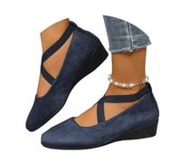 Women's Comfy Elastic Crisscross Strap Wedge Slip-on Shoes, Womens Round Toe Ballet Wedge Dress Shoe Elegant Suede Comfy Strap Ballerina Wedge Heel Footwear (Blue,36)