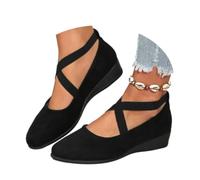 Women's Comfy Elastic Crisscross Strap Wedge Slip-on Shoes, Womens Round Toe Ballet Wedge Dress Shoe Elegant Suede Comfy Strap Ballerina Wedge Heel Footwear (Black,38)