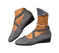 Women's Comfy Elastic Crisscross Strap Wedge Slip-on Shoes, Womens Round Toe Ballet Wedge Dress Shoe Elegant Suede Comfy Strap Ballerina Wedge Heel Footwear (Grey,36)