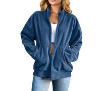 Womens Corduroy Jacket Full Zip Stand Collar Casual Outerwear With Pockets (Blue,TG)