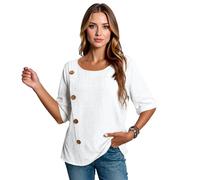 Women's Cotton Linen Blend Side Button Detail Top Casual 3/4 Sleeve Loose Fit Tunic Blouse Summer Beach Vacation Shirt Black Elegant Daily Wear
