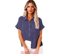 Women's Cotton Linen Button Down Shirt Summer Short Sleeve Collared Blouse Spring Fashion Loose Vacation Travel Tops