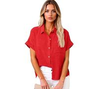 Women's Cotton Linen Button Down Shirt Summer Short Sleeve Collared Blouse Spring Fashion Loose Vacation Travel Tops