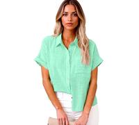 Women's Cotton Linen Button Down Shirt Summer Short Sleeve Collared Blouse Spring Fashion Loose Vacation Travel Tops
