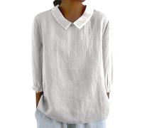 Women's Cotton Linen Button Short Sleeve Shirts Summer Loose Crew Neck Women Tshirts Casual Boho Top Vintage Embroidered Blouse Tops Ladies Trendy Blouses Casual Summer Tops (White, M)
