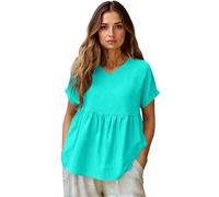 Women's Cotton Linen V-Neck Short Sleeve Bohemian Blouse for Summer Beach Vacation, Casual Dressy Tops