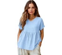 Women's Cotton Linen V-Neck Short Sleeve Bohemian Blouse for Summer Beach Vacation, Casual Dressy Tops