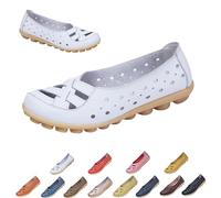 Womens Cowhide Leather Slip on Moccasins Shoes Flat Slipper Comfortable Leather Loafers Breathable Lightweight Round Toe Nurse Loafer Driving Walking Flat Work Shoes (White,42)