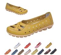 Womens Cowhide Leather Slip on Moccasins Shoes Flat Slipper Comfortable Leather Loafers Breathable Lightweight Round Toe Nurse Loafer Driving Walking Flat Work Shoes (Yellow,42)