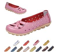 Womens Cowhide Leather Slip on Moccasins Shoes Flat Slipper Comfortable Leather Loafers Breathable Lightweight Round Toe Nurse Loafer Driving Walking Flat Work Shoes (Pink,36)