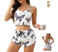 Women's Cozy Butterfly Print Pajama Set,Butterfly Lounge Set - Cami & Shorts,Sexy Soft Versatile Lounge Sleepwear 2-Piece (FR/ES, Alpha/Lettres, M, Taille Normale, Taille Normale, I)