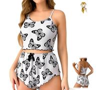 Women's Cozy Butterfly Print Pajama Set,Butterfly Lounge Set - Cami & Shorts,Sexy Soft Versatile Lounge Sleepwear 2-Piece (FR/ES, Alpha/Lettres, L, Taille Normale, Taille Normale, H)